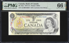 CANADA. Bank of Canada. 1 Dollar, 1973. BC-46a-i. PMG Gem Uncirculated 66 EPQ.
The scarcer ALM prefix is found on this Lawson Bouey signed example. F...