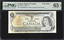 CANADA. Bank of Canada. 1 Dollar, 1973. BC-46aT-i. Test Note. PMG Gem Uncirculated 65 EPQ.
An always popular AXA test note with the Lawson-Bouey sign...