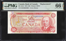 CANADA. Bank of Canada. 50 Dollars, 1975. BC-51bA. Replacement. PMG Gem Uncirculated 66 EPQ.
EHX replacement prefix is found on this stunning GEM66 e...