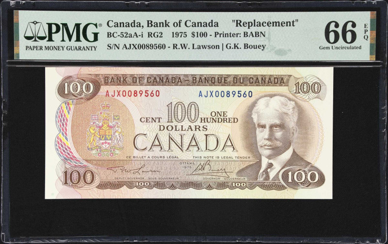 CANADA. Bank of Canada. 100 Dollars, 1975. BC-52aA-i. RG2. Replacement. PMG Gem ...