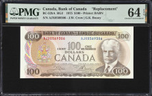 CANADA. Bank of Canada. 100 Dollars, 1975. BC-52bA. RG3. Replacement. PMG Choice Uncirculated 64 EPQ.
A pleasing Choice uncirculated replacement note...