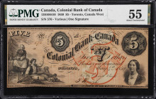 CANADA. Colonial Bank of Canada. 5 Dollars, 1859. CH #130-10-04-10. PMG About Uncirculated 55.
PMG comments "Stained."

Estimate: $100.00- $200.00