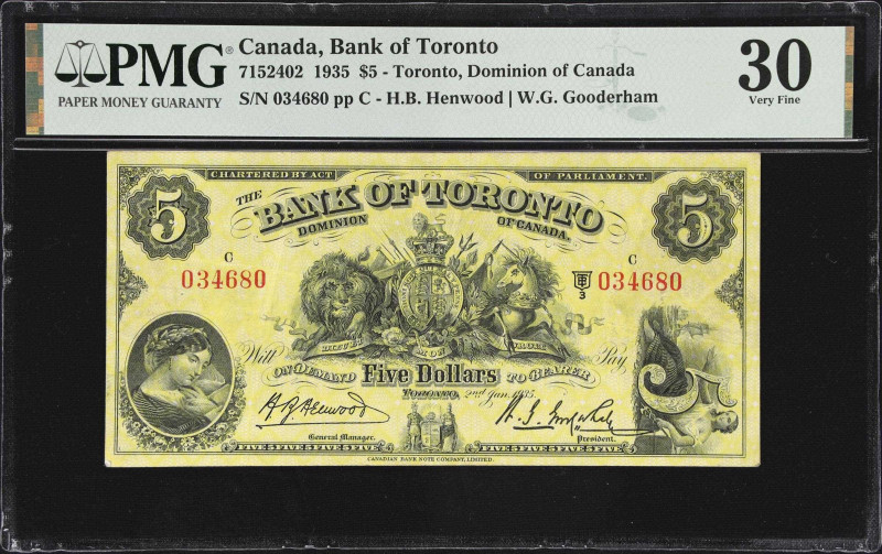 CANADA. Bank of Toronto. 5 Dollars, 1935. CH #715-24-02. PMG Very Fine 30.
Henw...