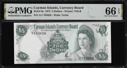 CAYMAN ISLANDS. Cayman Islands Currency Board. 5 Dollars, 1974. P-6a. PMG Gem Uncirculated 66 EPQ.

Estimate: $150.00- $200.00