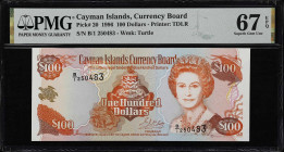 CAYMAN ISLANDS. Cayman Islands Currency Board. 100 Dollars, 1996. P-20. PMG Superb Gem Uncirculated 67 EPQ.
Printed by TDLR. Bold colors, QEII at rig...