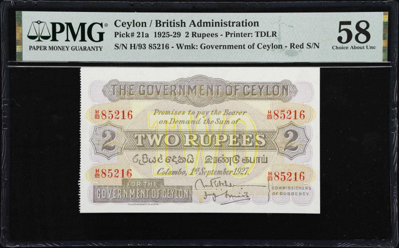 CEYLON. Government of Ceylon. 2 Rupees, 1927. P-21a. PMG Choice About Uncirculat...