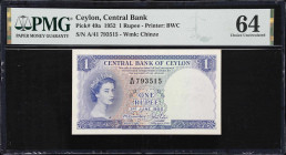 CEYLON. Central Bank of Ceylon. 1 Rupee, 1952. P-49a. PMG Choice Uncirculated 64.

Estimate: $150.00- $300.00