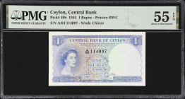 CEYLON. Central Bank of Ceylon. 1 Rupee, 1954. P-49b. PMG About Uncirculated 55 EPQ.

Estimate: $50.00- $100.00
