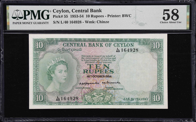 CEYLON. Central Bank of Ceylon. 10 Rupees, 1954. P-55. PMG Choice About Uncircul...