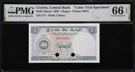 CEYLON. Central Bank of Ceylon. 1 Rupee, 1956. P-56acts. Color Trial Specimen. PMG Gem Uncirculated 66 EPQ.
Gem color trial specimen displaying a ple...