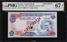 CEYLON. Central Bank of Ceylon. 50 Rupees, 1970. P-77as. Specimen. PMG Superb Gem Uncirculated 67 EPQ.

Estimate: $200.00- $400.00