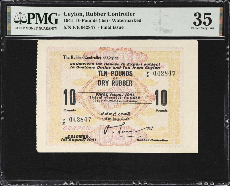 CEYLON. Rubber Controller of Ceylon. 10 Pounds of Dry Rubber, 1941. P-Unlisted. ...