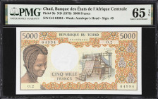 CHAD. Banque des Etats de l'Afrique Centrale. 5000 Francs, ND (1978). P-5b. PMG Gem Uncirculated 65 EPQ.
Gem example showing bold colors with woman, ...
