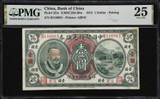CHINA--REPUBLIC. Bank of China. 1 Dollar, 1912. P-25w. S/M#C294-30w. PMG Very Fine 25.
Peking. Green and multicolored, Emperor Huang-Ti at left and a...