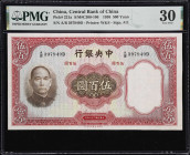 CHINA--REPUBLIC. Central Bank of China. 500 Yuan, 1936. P-221a. S/M#C300-106. PMG Very Fine 30.
Printed by W&S. Bold red guilloche border design on t...