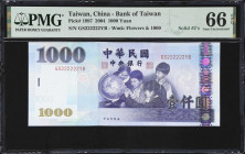CHINA--TAIWAN. Bank of Taiwan. 1000 Yuan, 2004. P-1997. Solid #2's. PMG Gem Uncirculated 66 EPQ.
Serial number GS222222YB.

Estimate: $150.00- $300...