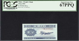 CHINA--MISCELLANEOUS. Lot of (2). Bank of Communications & Peoples Bank of China. 2 Fen & 100 Yuan, 1914-53. P-120c & 861a. PMG Choice About Uncircula...