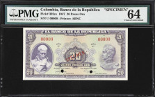 COLOMBIA. Banco de la Republica. 20 Pesos Oro, 1947. P-392cs. Specimen. PMG Choice Uncirculated 64.

Estimate: $150.00- $250.00