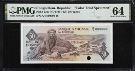 CONGO DEMOCRATIC REPUBLIC. Banque Nationale du Congo. 50 Francs, ND (1961-62). P-5cts. Color Trial Specimen. PMG Choice Uncirculated 64.

Estimate: ...