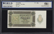 CROATIA. Nezavisna Drzava Hrvatska. 50 Kuna, 1944. P-10a. WBG Choice About Uncirculated 58 TOP.
The highest denomination for the issue with ornate ge...