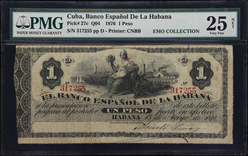 CUBA. Banco Espanol de la Habana. 1 Peso, 1876. P-27c. PMG Very Fine 25 Net. Pre...