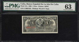 CUBA. Lot of (2). Banco Espanol de la Isla de Cuba. 1 Peso, 1896. P-47a & 47b. PMG Choice Uncirculated 63.
PMG Comments on "Paper Pulls" on P-47b.
...