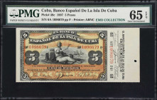 CUBA. Banco Espanol de la Isla de Cuba. 5 Pesos, 1897. P-48c. PMG Gem Uncirculated 65 EPQ.
PMG Comments "Note Unaffected by Issue in Selvage."

Est...