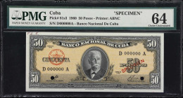 CUBA. Banco Nacional de Cuba. 50 Pesos, 1960. P-81s3. Specimen. PMG Choice Uncirculated 64.
PMG Comments "Annotation."

Estimate: $100.00- $200.00