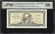 CUBA. Lot of (5). Banco Nacional de Cuba. 1, 3, 5 & 20 Pesos, 1982-88. P-102s2, 103cs, 103ds, 105ds & 107as2. Specimens. PMG Gem Uncirculated 66 EPQ &...