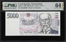 CZECH REPUBLIC. Ceska Narodni Banka. 5000 Korun, 1993. P-9. PMG Choice Uncirculated 64 EPQ.
Printed by STC-P. The obverse shows Tomas Garrigue Masary...