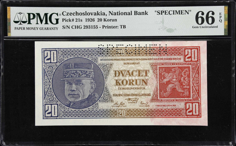 CZECHOSLOVAKIA. 20 Korun, 1926. P-21s. Specimen. PMG Gem Uncirculated 66 EPQ.
...