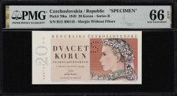 CZECHOSLOVAKIA. Republika Ceskoslovenska. 20 Korun, 1949. P-70bs. Specimen. PMG Gem Uncirculated 66 EPQ.
PMG Comments "Punch Hole Cancelled."

Esti...