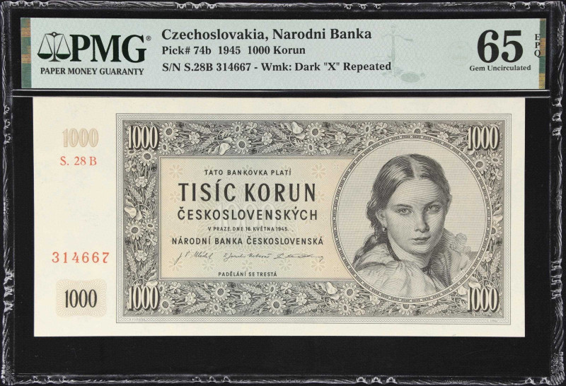 CZECHOSLOVAKIA. Narodni Banka Ceskoslovenska. 1000 Korun, 1945. P-74b. PMG Gem U...