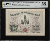 DANZIG. Verwaltung der Stadtgemeinde Danzig. 100 Mark, 1922. P-13. CM#G1. PMG Choice About Uncirculated 58.

Estimate: $200.00- $300.00