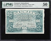 DENMARK. Danmarks Nationalbank. 100 Kroner, 1944. P-39a. PMG About Uncirculated 50.
Svendsen-Vinther signature combination. PMG Comments "Minor Repai...