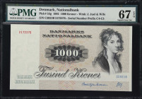 DENMARK. Danmarks Nationalbank. 1000 Kroner, 1992. P-53g. PMG Superb Gem Uncirculated 67 EPQ.
Signature combination of Andersen-Herly. Thomasine Heib...