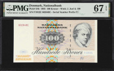 DENMARK. Danmarks Nationalbank. 100 Kroner, 1995. P-54b. PMG Superb Gem Uncirculated 67 EPQ.

Estimate: $100.00- $150.00