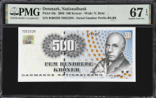 DENMARK. Danmarks Nationalbank. 500 Kroner, 2006. P-63c. PMG Superb Gem Uncirculated 67 EPQ.
Nielsen-Sorensen signature combination, Niels Bohr on th...