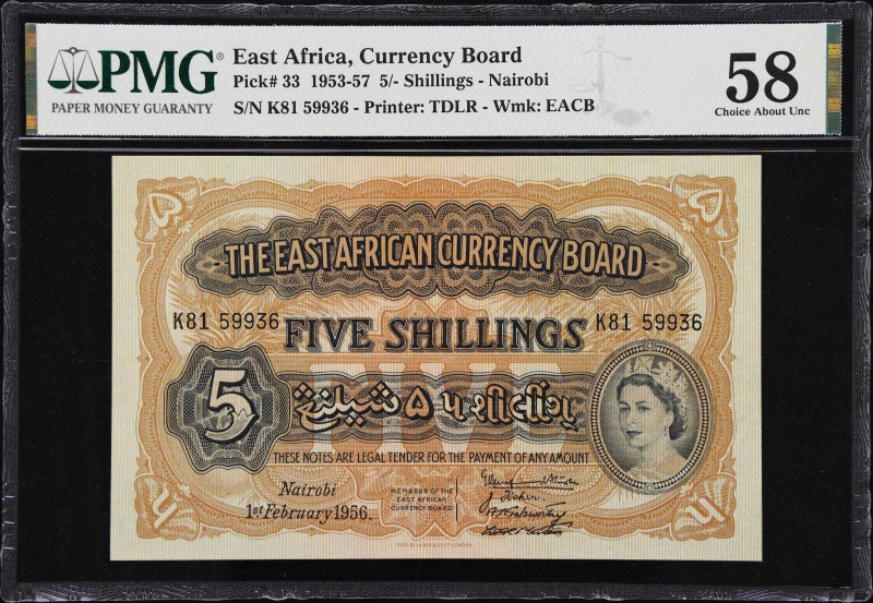 EAST AFRICA. East African Currency Board. 5 Shillings, 1956. P-33. PMG Choice Ab...