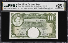 EAST AFRICA. East African Currency Board. 10 Shillings, ND (1962-63). P-42b. PMG Gem Uncirculated 65 EPQ.
A fully original gem with green on the obve...
