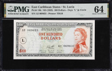 EAST CARIBBEAN STATES. East Caribbean Currency Authority. 100 Dollars, ND (1965). P-16k. PMG Choice Uncirculated 64.
The highest denomination of this...