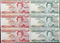 EAST CARIBBEAN STATES. Lot of (6). Eastern Caribbean Central Bank. 1 & 5 Dollars, ND (1988-93). P-21k, 21l, 21u*, 22a1, 22d1 & 22l2. Uncirculated.
Fr...