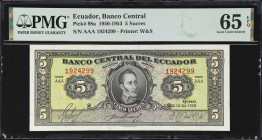 ECUADOR. Banco Central del Ecuador. 5 Sucres, 1950. P-98a. PMG Gem Uncirculated 65 EPQ.
Dated July 16th, 1950.

Estimate: $100.00- $200.00