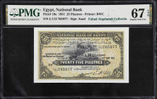 EGYPT. National Bank of Egypt. 25 Piastres, 1951. P-10e. PMG Superb Gem Uncirculated 67 EPQ.
Printed by BWC featuring pale green and multicolored und...
