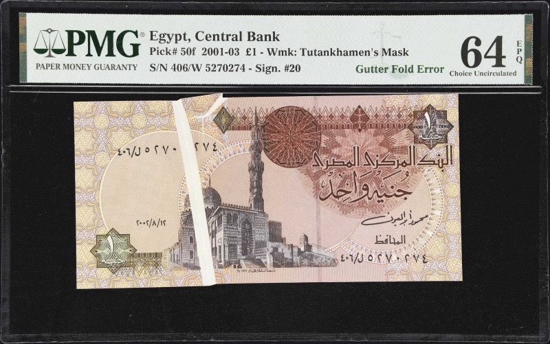 EGYPT. Central Bank of Egypt. 1 Pound, 2001-03. P-50f. Gutter Fold Error. PMG Ch...