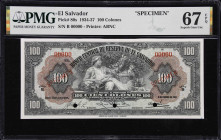 EL SALVADOR. Banco Central de Reserva de El Salvador. 100 Colones, 1937. P-80s. Specimen. PMG Superb Gem Uncirculated 67 EPQ.
Superb gem specimen pri...