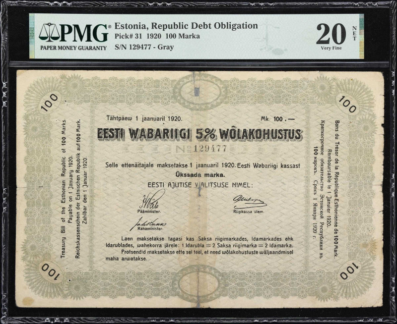 ESTONIA. Eesti Wabariigi. 100 Marka, 1920. P-31. PMG Very Fine 20 Net. Tape Repa...