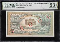 ESTONIA. Lot of (2). Eesti Vabariigi. 100 Marka, 1923 & ND (1923). P-51as1 & 51s2. Front & Back Specimens. PMG About Uncirculated 53 EPQ & Gem Uncircu...