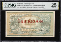 ESTONIA. Eesti Vabariigi. 1 Kroon on 100 Marka, 1923. P-61b. PMG Very Fine 25.
Overprint on Estonia P-51.
From the Al Kugel Collection.

Estimate:...