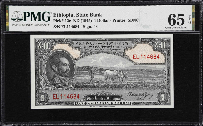 ETHIOPIA. State Bank of Ethiopia. 1 Ethiopian Dollar, ND (1945). P-12c. PMG Gem ...